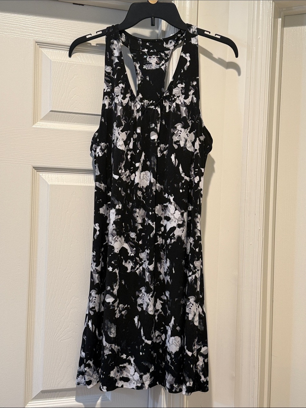 Sporty Athletic Cool Dry Tek Blk/Wht Floral Racer Back Tennis Prep Mini Dress L